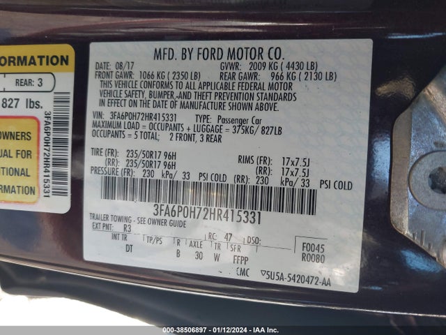 Ford FUSION SE 2017 3FA6P0H72HR415331 Image 9