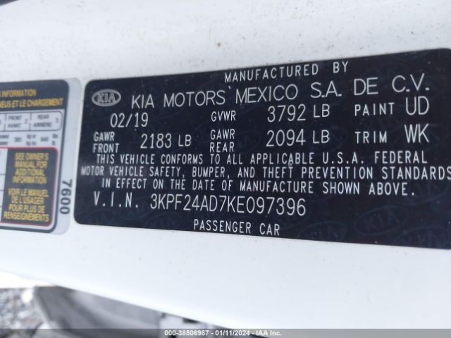3KPF24AD7KE097396 KIA FORTE FE