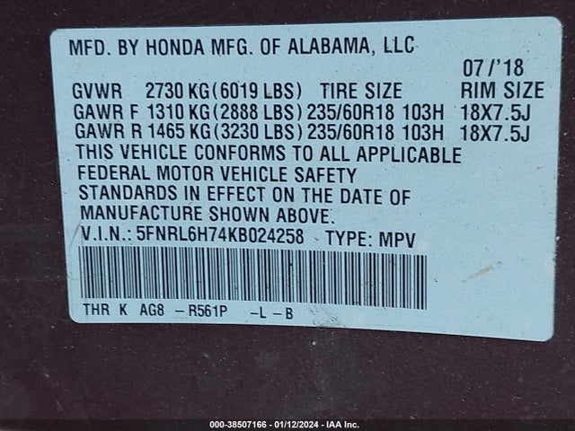 Honda Odyssey Ex-l 2019 5FNRL6H74KB024258 Image 9