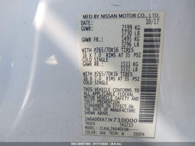 1N6AD0ER7JN710000 Nissan Frontier Sv