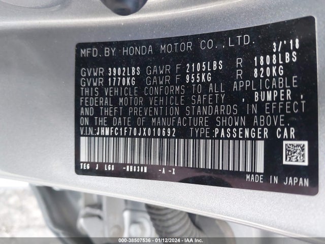 Honda Civic Ex-l 2018 JHMFC1F70JX010692 Image 9