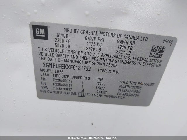 Chevrolet EQUINOX 1LT 2015 2GNFLFEKXF6181792 Image 9