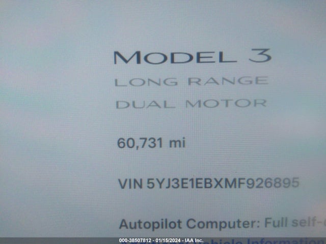 5YJ3E1EBXMF926895 Tesla Model 3 Long Range Dual Motor All-wheel Drive