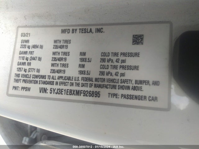 5YJ3E1EBXMF926895 Tesla Model 3 Long Range Dual Motor All-wheel Drive