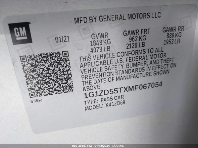 1G1ZD5STXMF067054 Chevrolet Malibu Fwd Lt