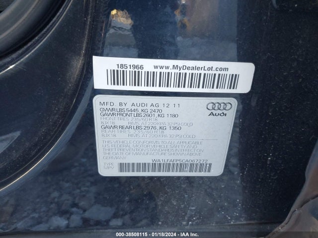 2012 AUDI Q5 2.0T PREMIUM VIN: WA1LFAFP5CA067272