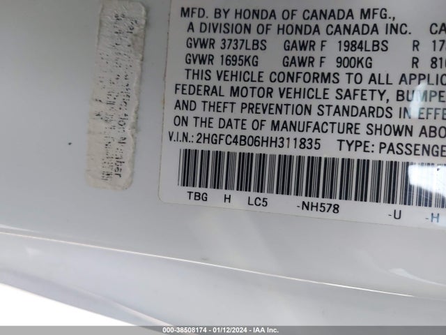2017 HONDA CIVIC LX-P VIN: 2HGFC4B06HH311835