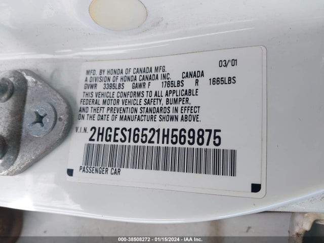 38508272 :رقم المزاد ، 2HGES16521H569875 vin ، 2001 Honda Civic Lx مزاد بيع