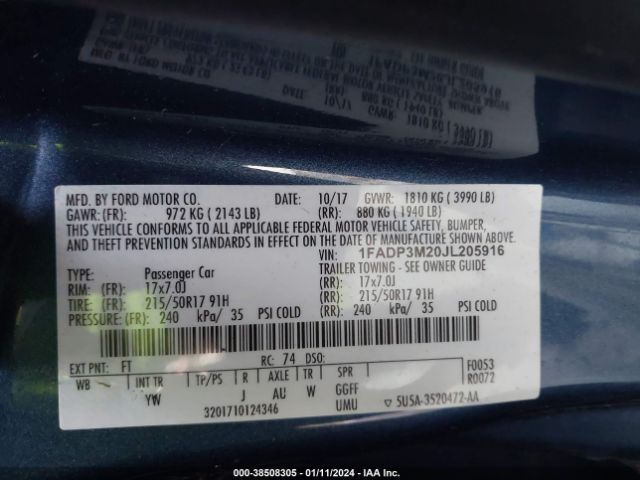 1FADP3M20JL205916 Ford FOCUS SEL