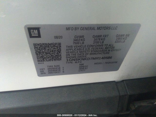1GNSKNKD7MR140586 Chevrolet Tahoe 4wd Lt