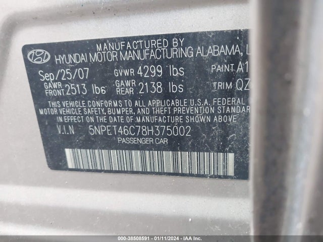 2008 HYUNDAI SONATA GLS VIN: 5NPET46C78H375002