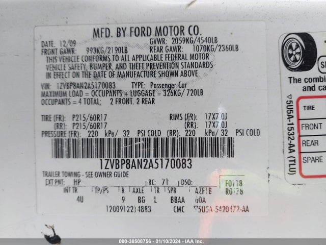 2010 FORD MUSTANG V6/V6 PREMIUM VIN: 1ZVBP8AN2A5170083