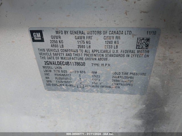 2011 CHEVROLET EQUINOX 1LT VIN: 2GNALDEC4B1178630