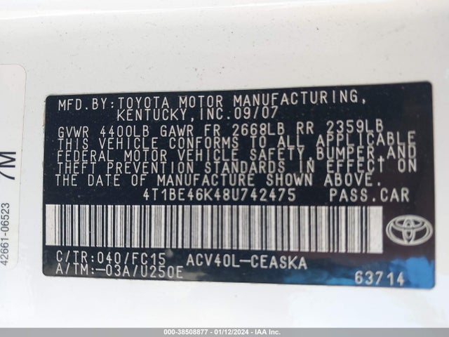 38508877 :رقم المزاد ، 4T1BE46K48U742475 vin ، 2008 Toyota Camry Se مزاد بيع