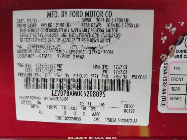 2012 FORD MUSTANG 1ZVBP8AM0C5208095 Photo 8