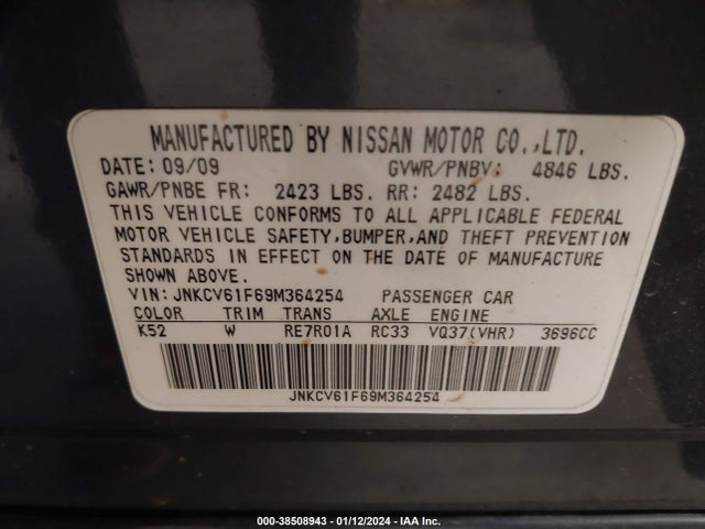 2009 INFINITI G37X VIN: JNKCV61F69M364254