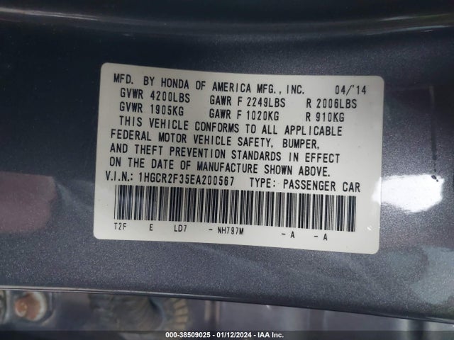 Honda ACCORD LX 2014 1HGCR2F35EA200567 Image 9