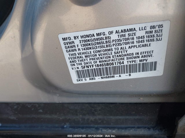 2005 HONDA PILOT EX VIN: 5FNYF18465B061764