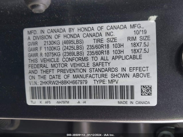 Honda Cr-v Ex-l 2019 2HKRW2H88KH667979 Image 9