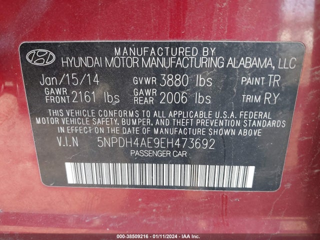 2014 HYUNDAI ELANTRA LIMITED VIN: 5NPDH4AE9EH473692
