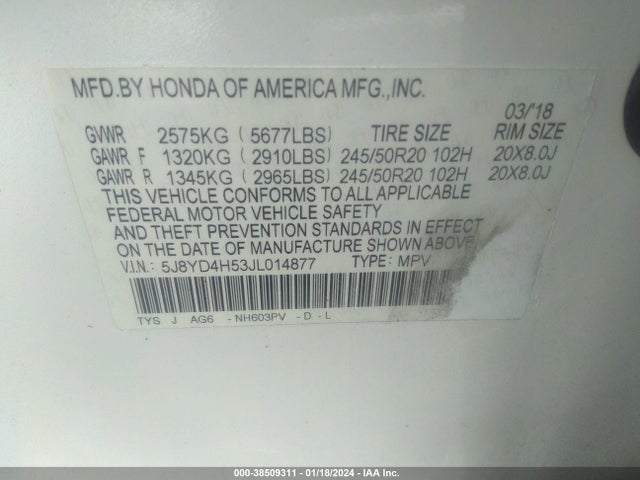5J8YD4H53JL014877 Acura Mdx Technology Pkg