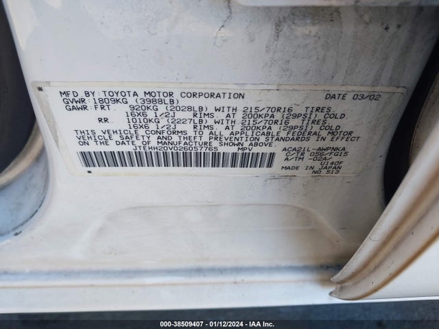 2002 TOYOTA RAV4 BASE (A4) VIN: JTEHH20V026057765