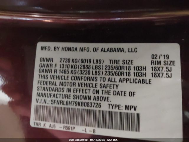 5FNRL6H79KB083726 Honda Odyssey Ex-l