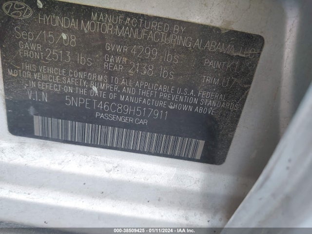 2009 HYUNDAI SONATA GLS VIN: 5NPET46C89H517911