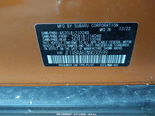 2022 SUBARU WRX VIN: JF1VBAA62N9030599