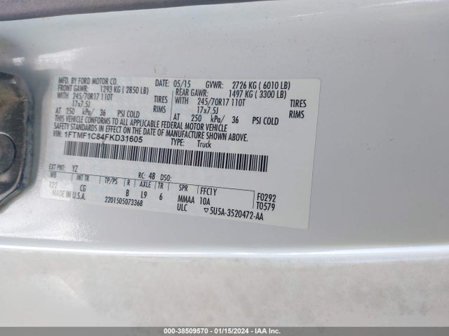 2015 FORD F-150 XL VIN: 1FTMF1C84FKD31605