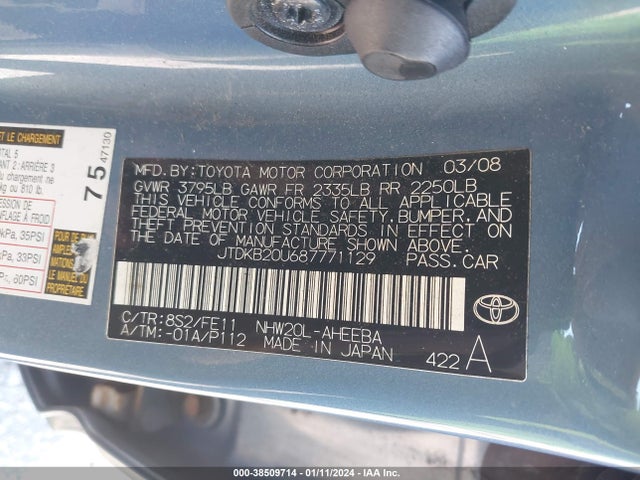 2008 TOYOTA PRIUS VIN: JTDKB20U687771129