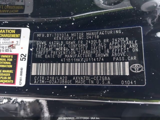 4T1B11HKXJU114174 Toyota CAMRY XLE