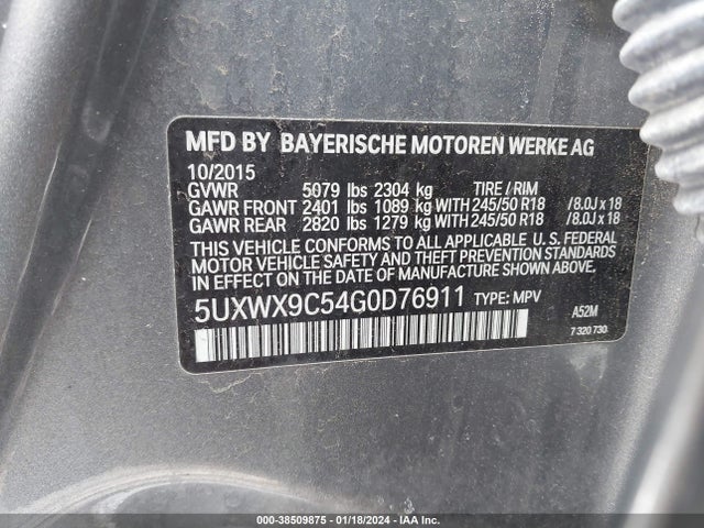 BMW X3 Xdrive28i 2016 5UXWX9C54G0D76911 Image 9