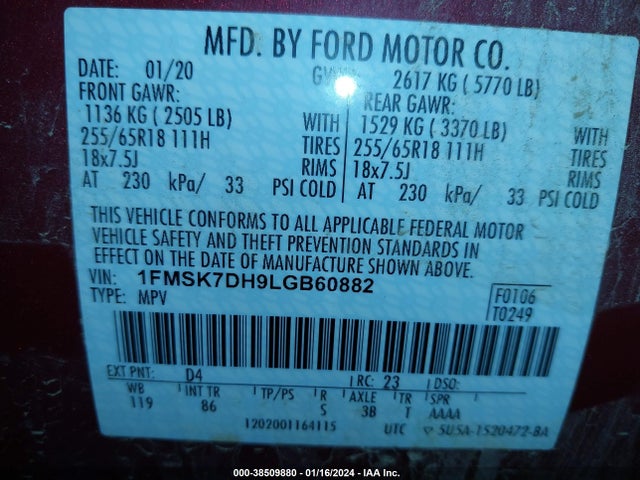 Ford EXPLORER XLT 2020 1FMSK7DH9LGB60882 Image 9