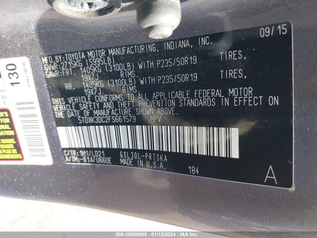 2015 TOYOTA SIENNA SE 8 PASSENGER/SE PREMIUM 8 PASSENGER VIN: 5TDXK3DC2FS661579