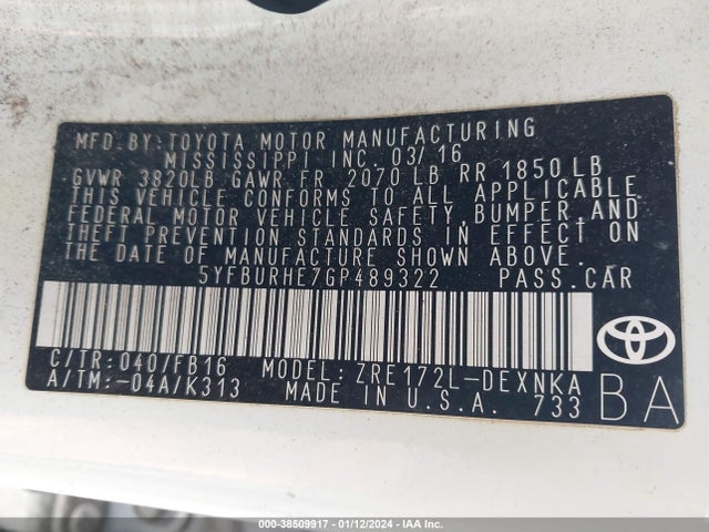 Toyota COROLLA LE 2016 5YFBURHE7GP489322 Image 9