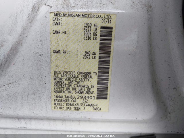 2014 NISSAN ALTIMA 2.5 SL VIN: 1N4AL3AP8EC298401