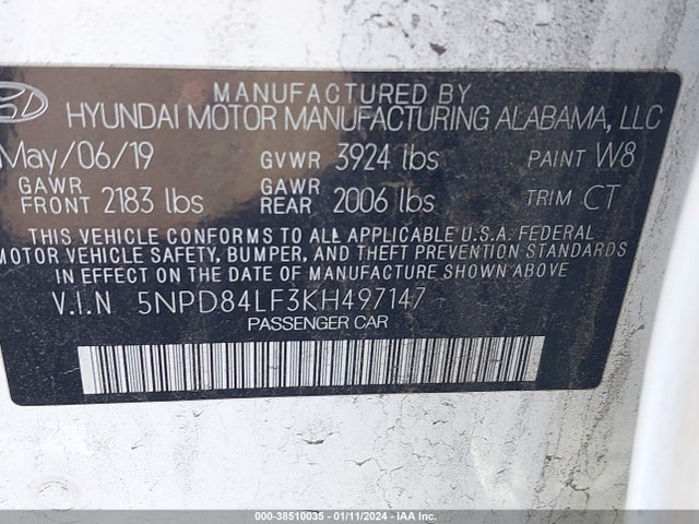 2019 HYUNDAI ELANTRA LIMITED VIN: 5NPD84LF3KH497147