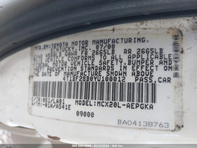 2000 TOYOTA AVALON XLS VIN: 4T1BF28B0YU100012