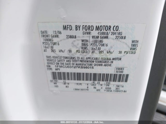 2007 FORD ESCAPE XLT/XLT SPORT VIN: 1FMCU03127KB98015