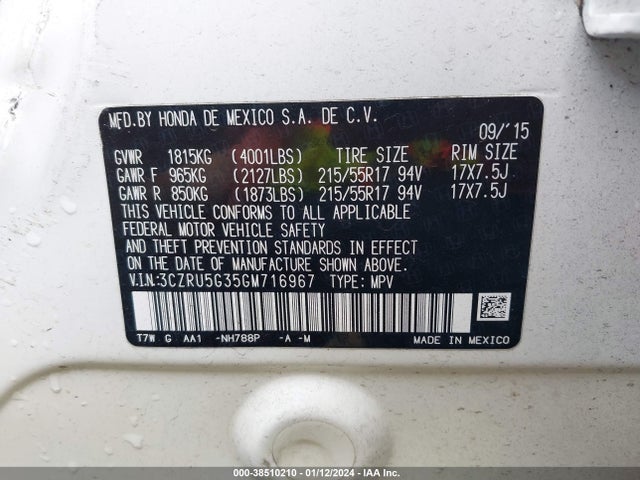 Honda HR-V LX 2016 3CZRU5G35GM716967 Image 9