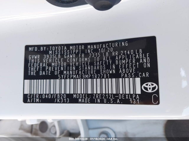 2021 TOYOTA COROLLA LE VIN: 5YFEPMAE9MP182781