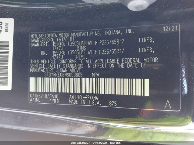 2022 TOYOTA SIENNA 5TDYRKEC8NS093605 Photo 8