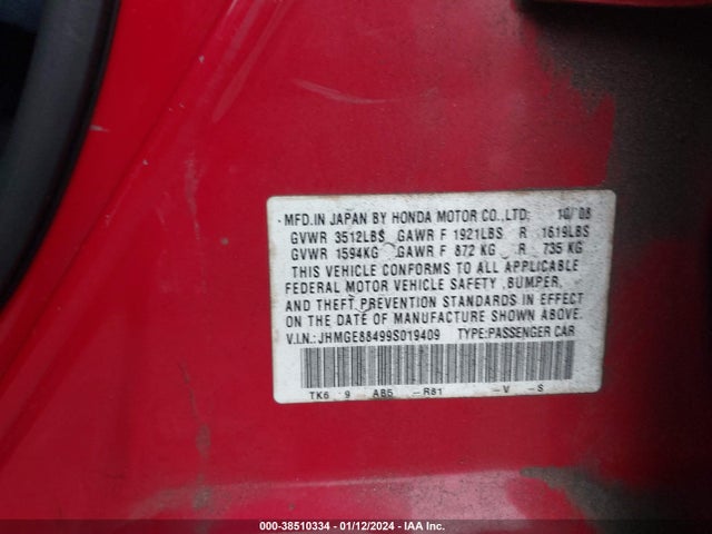 2009 HONDA FIT SPORT VIN: JHMGE88499S019409