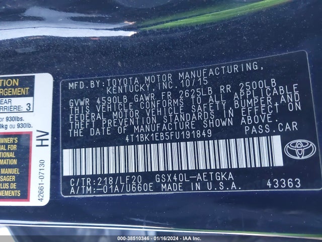 Toyota Avalon Xle Premium 2015 4T1BK1EB5FU191849 Image 9