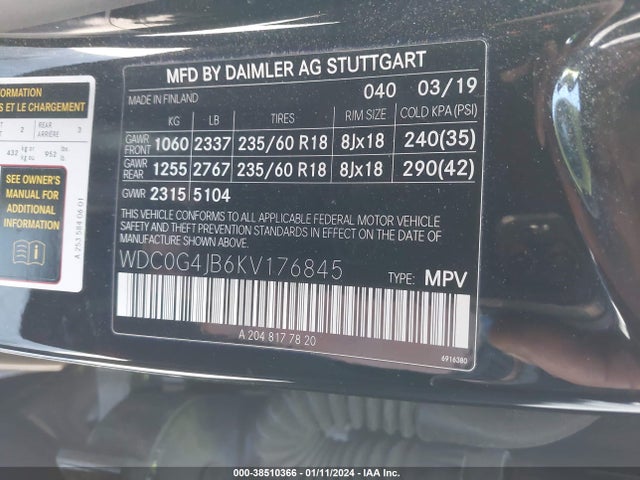 2019 MERCEDES-BENZ GLC 300 VIN: WDC0G4JB6KV176845
