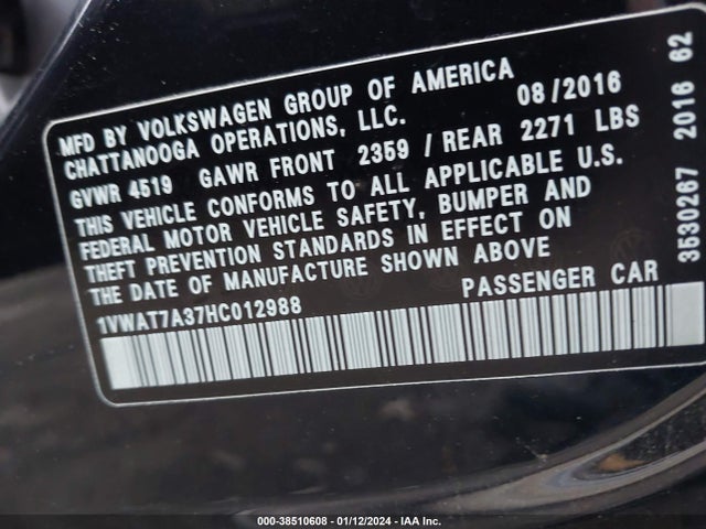 Volkswagen Passat 1.8t S 2017 1VWAT7A37HC012988 Image 9
