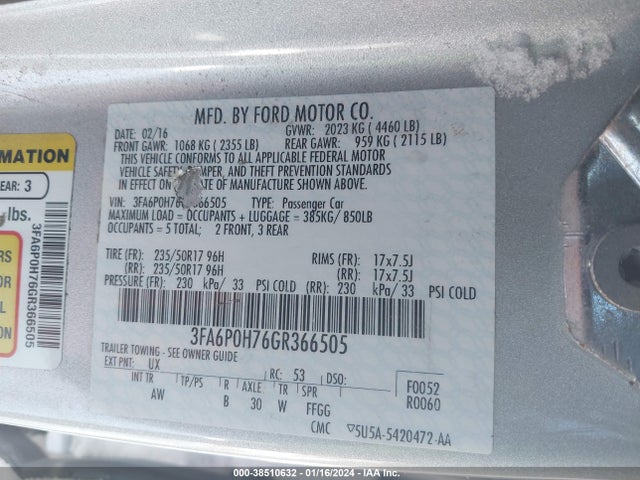 Ford FUSION SE 2016 3FA6P0H76GR366505 Image 9