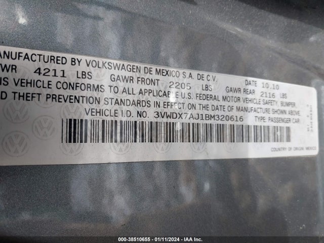 2011 VOLKSWAGEN JETTA 2.5L SE VIN: 3VWDX7AJ1BM320616