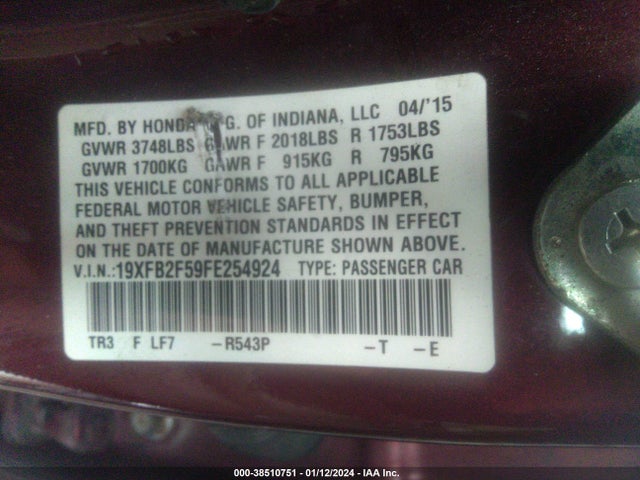 Honda Civic Lx 2015 19XFB2F59FE254924 Image 9